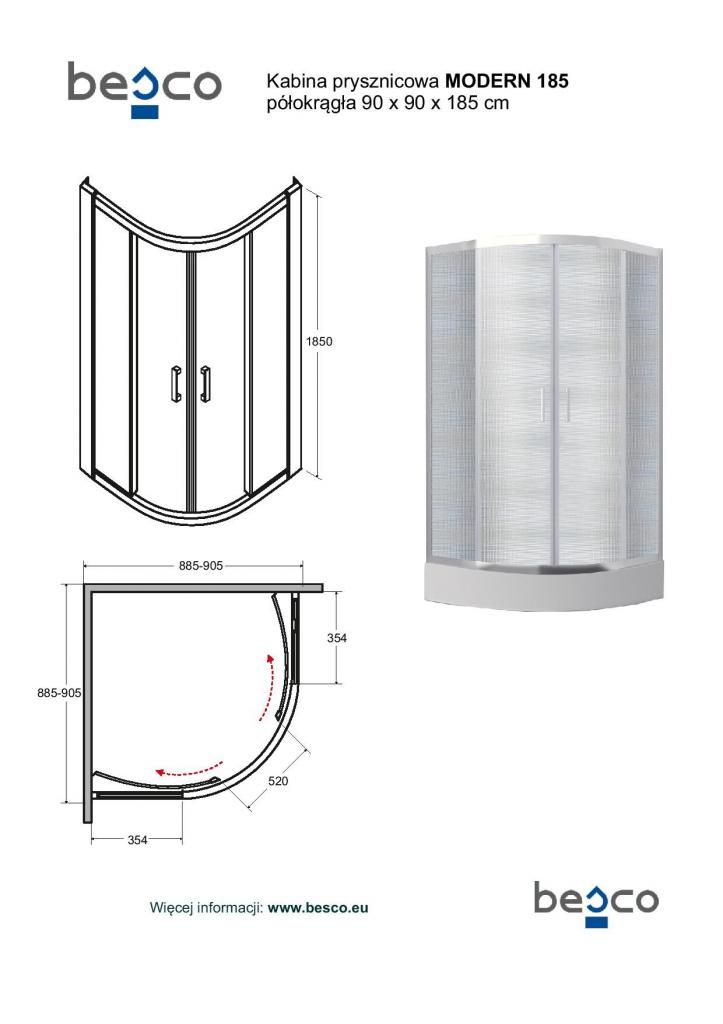 HOPA - Čtvrtkruhový sprchový kout MODERN 185 - BARVA rámu - Chrom/Leštěný hliník (ALU), Rozměr A - 90 cm, Rozměr B - 90 cm, Rozměr C - 185 cm, Směr zavírání - Univerzální Levé / Pravé, Výplň - Frost bezpečnostní sklo - 6 mm (BCMOD90CTVRTCF)