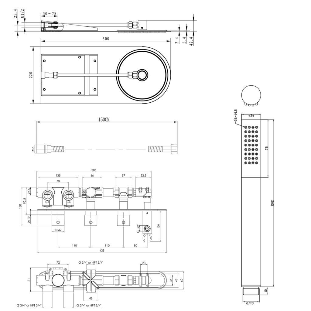 SAPHO - Podomítkový sprchový set s termostatickou baterií a držákem ruční sprchy, 2 výstupy, kulatá, chrom (MB623-01)