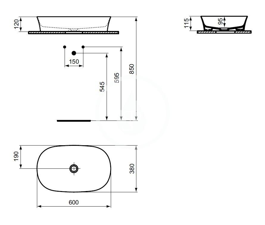 IDEAL STANDARD - Ipalyss Umyvadlo na desku, 600x380 mm, bez přepadu, Concrete (E1396V9)