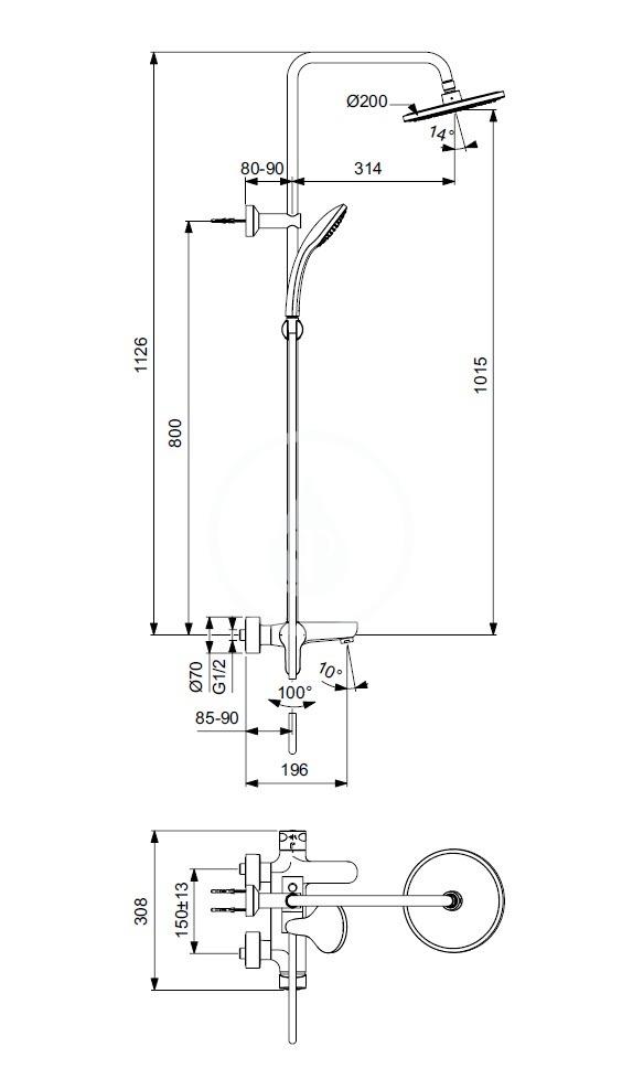 IDEAL STANDARD - Cerafine O Sprchový set s vanovou baterií, průměr 200 mm, 1 proud, černá (BC525XG)