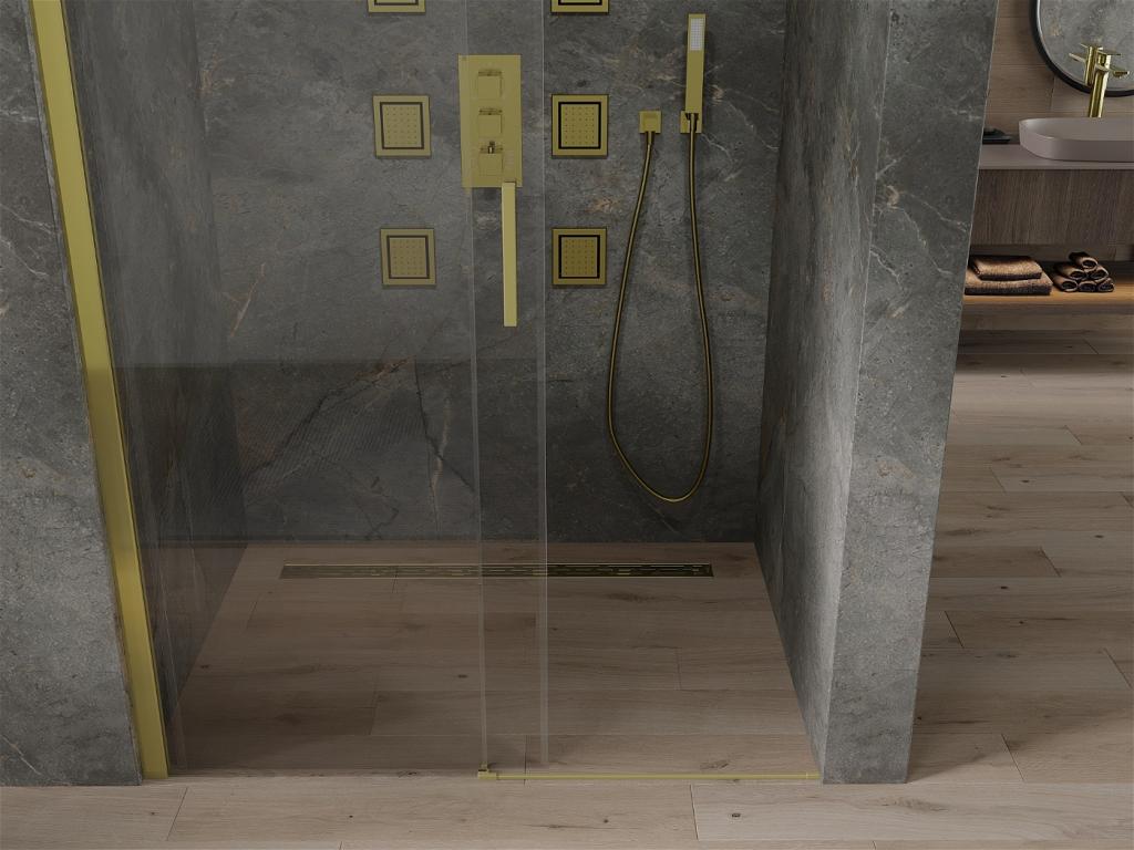 MEXEN - Omega posuvné sprchové dveře 140 cm, transparent, zlatý se sadou pro niku (825-140-000-50-00)