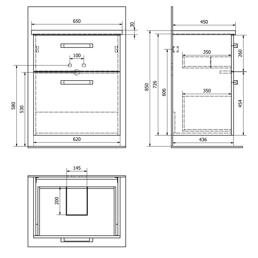 AQUALINE - VEGA umyvadlová skříňka 62x72,6x43,8 cm, 2xzásuvka, dub platin (VG863)
