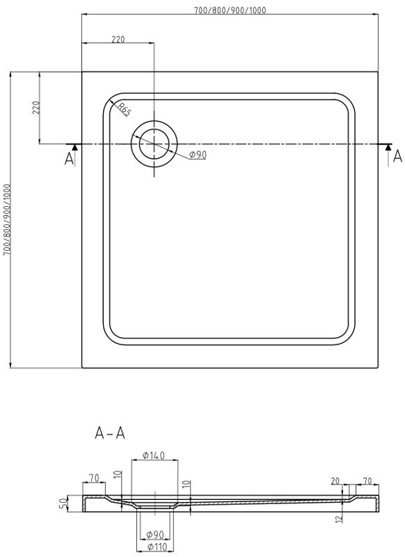 MEXEN/S - Flat sprchová vanička čtvercová slim 90 x 90 cm, černá + zlatý sifon (40709090G)