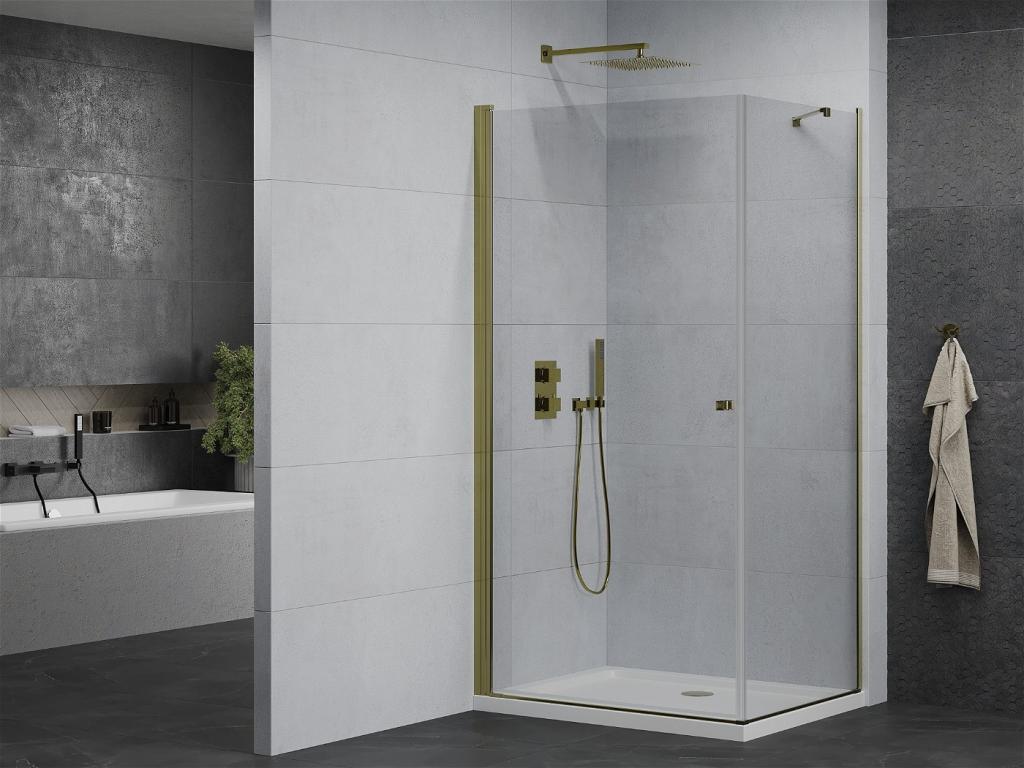 MEXEN/S - Pretoria otevírací sprchový kout 70x80 cm, sklo transparent, zlatá + vanička (852-070-080-50-00-4010)