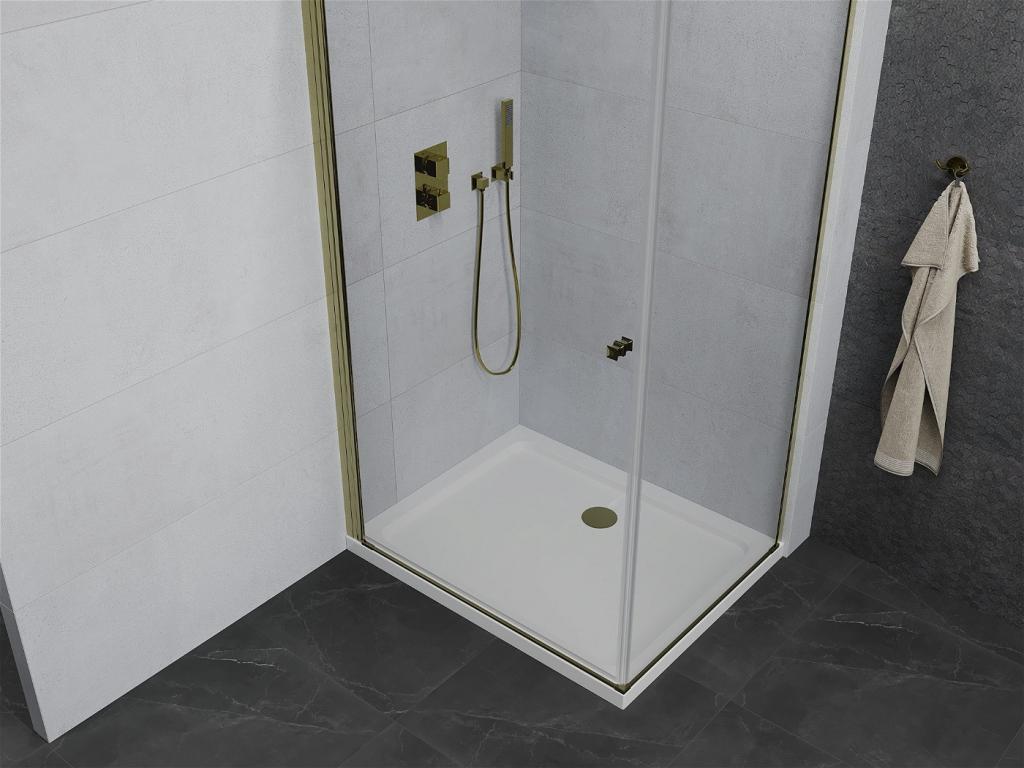 MEXEN/S - Pretoria otevírací sprchový kout 70x90 cm, čiré sklo, zlato + vanička (852-070-090-50-00-4010)