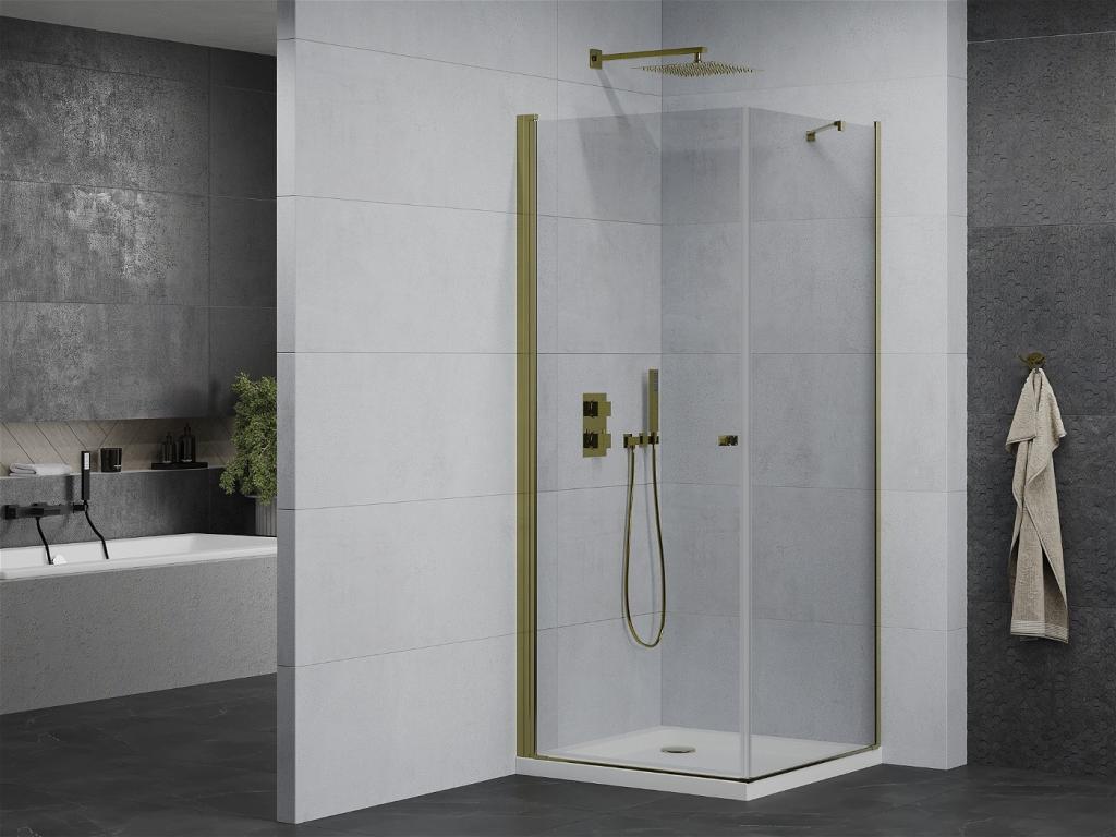 MEXEN/S - Pretoria otevírací sprchový kout 80x80 cm, sklo transparent, zlatý +vanička (852-080-080-50-00-4010)