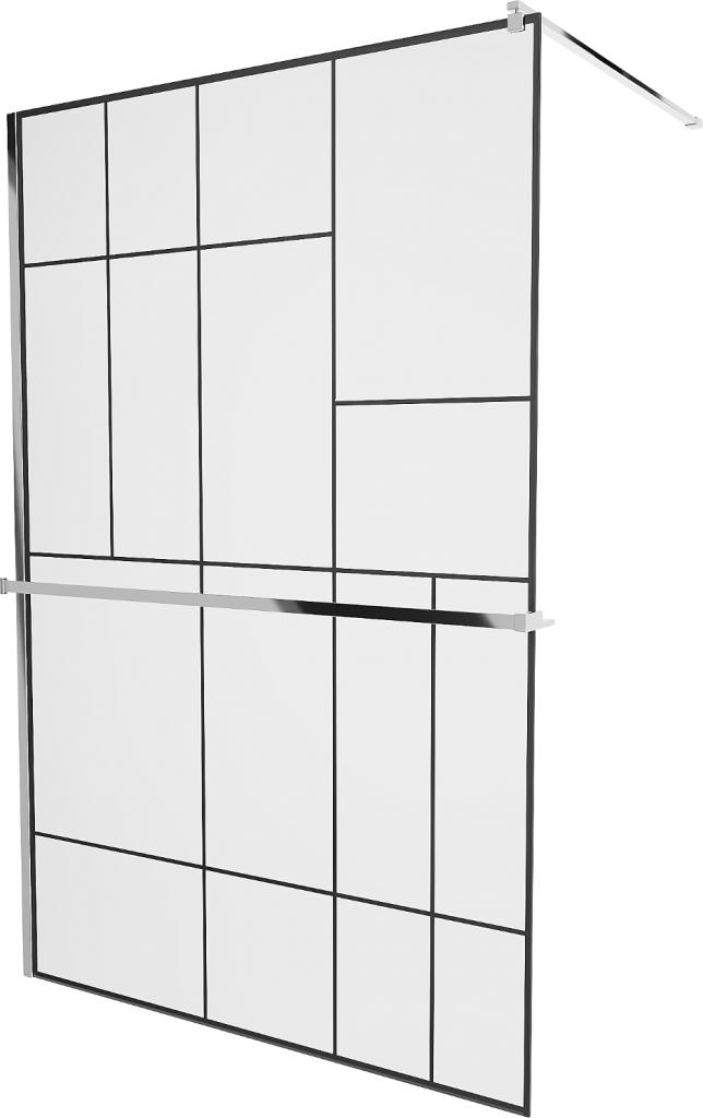 MEXEN/S KIOTO Sprchová zástěna WALK-IN s poličkou a držákem ručníků 110 x 200 cm, transparent/černá 8 mm, chrom 800-110-121-01-78
