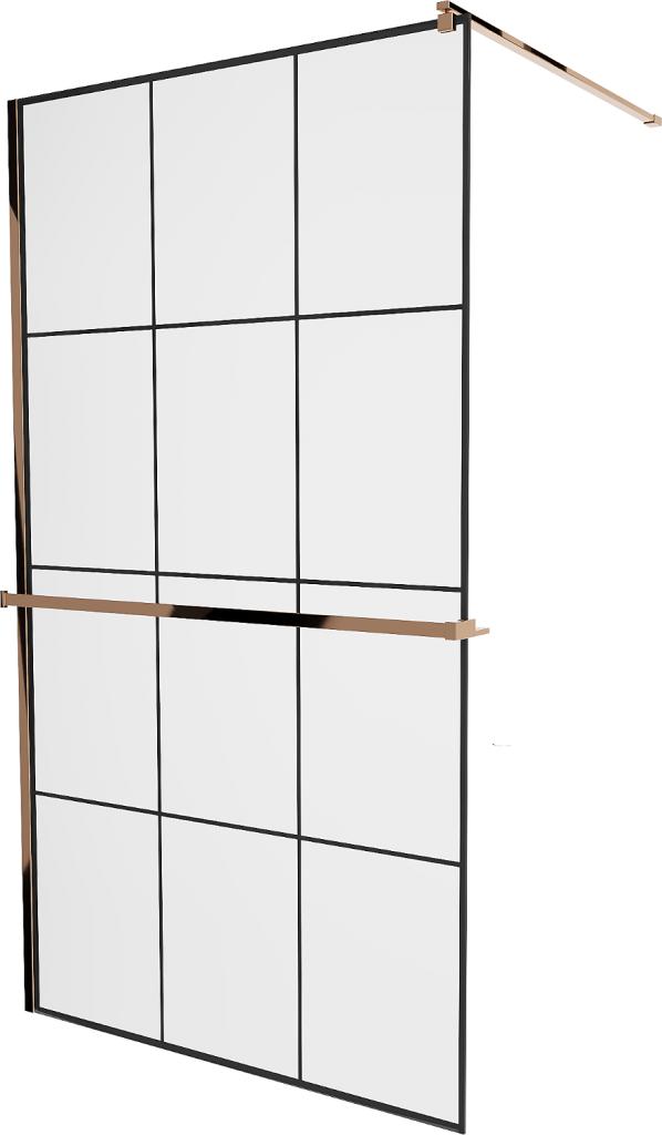 MEXEN/S KIOTO Sprchová zástěna WALK-IN s poličkou a držákem ručníků 110 x 200 cm, transparent/černá 8 mm růžové zlato 800-110-121-60-77