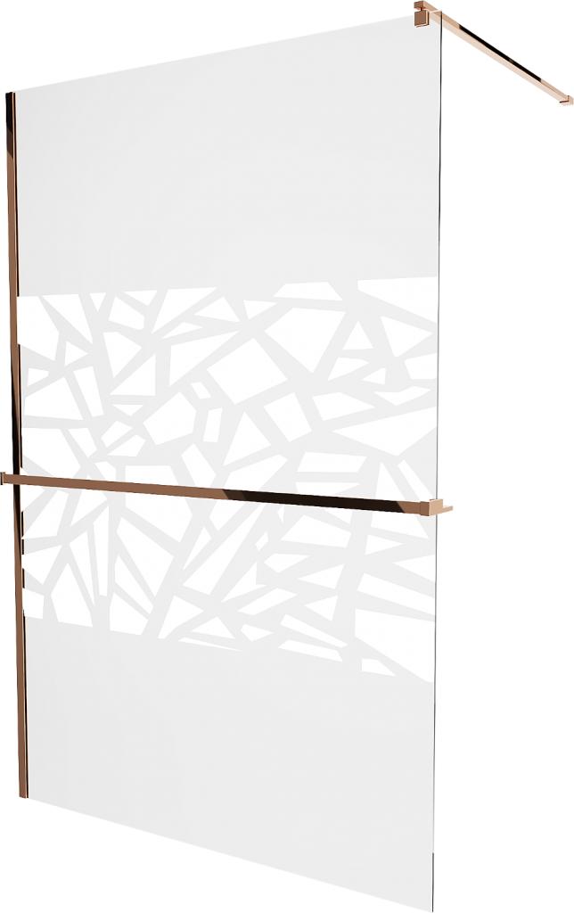 MEXEN/S KIOTO Sprchová zástěna WALK-IN s poličkou a držákem ručníků 110 x 200 cm, transparent/bílý dekor 8 mm, růžové zlato 800-110-121-60-85
