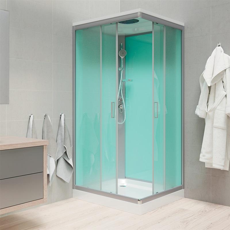 MEREO Sprchový box, čtvercový, 90cm, satin ALU, sklo Point, zadní stěny zelené, litá vanička, se stř