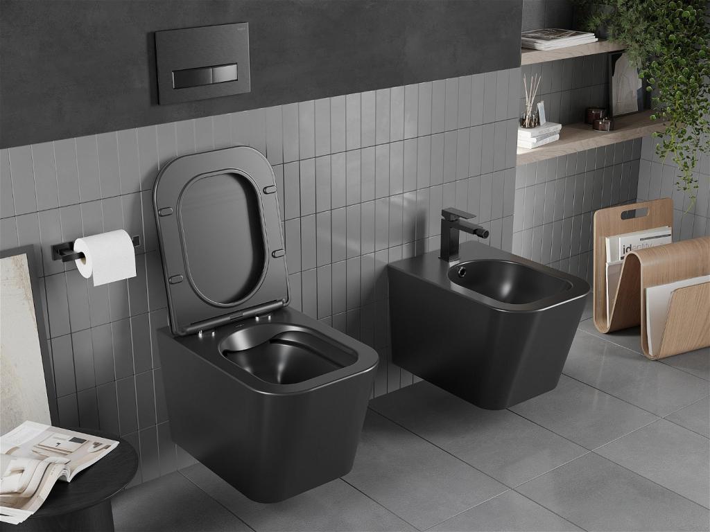 MEXEN/S - Teo Závěsná WC mísa černá mat včetně sedátka soft-close duroplastu, černá lesk (30850685)