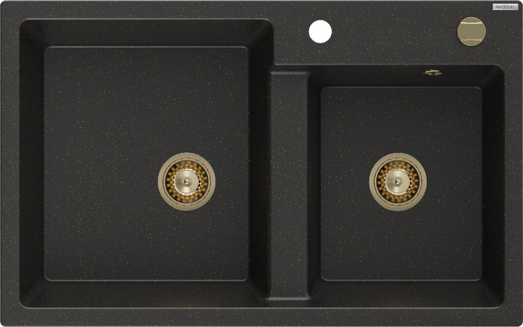 MEXEN/S Tomas granitový dřez 2-bowl 800x500 mm, černá/zlatý metalik, + zlatý sifon 6516802000-75-G
