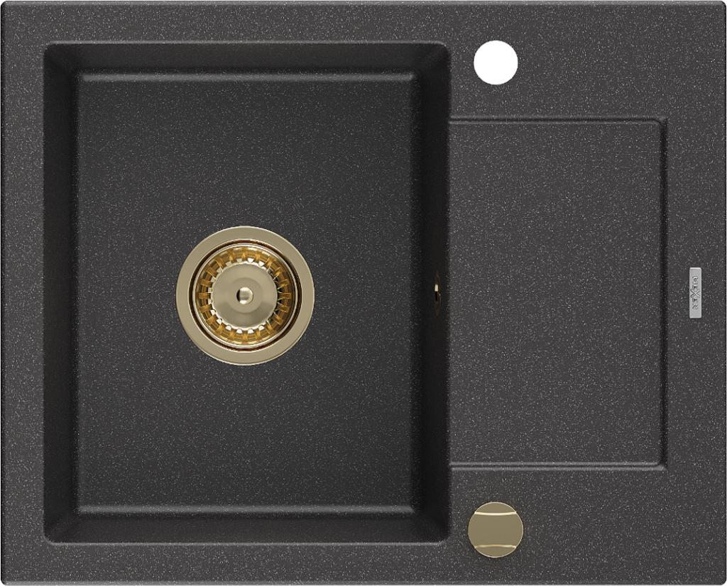MEXEN/S Enzo granitový dřez 1 s odkapávačem 576x465 mm, černá kropenatá,+ zlatý sifon 6506571005-76-G