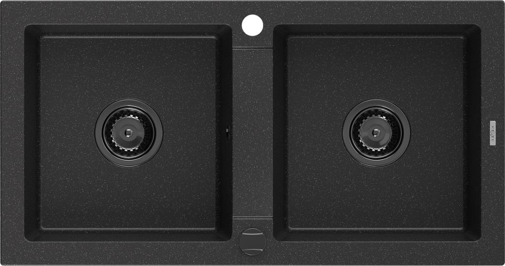 MEXEN/S Mario granitový dřez 2-bowl 820 x 436 mm, černá/stříbrný metalik, + černý sifon 6504822000-73-B