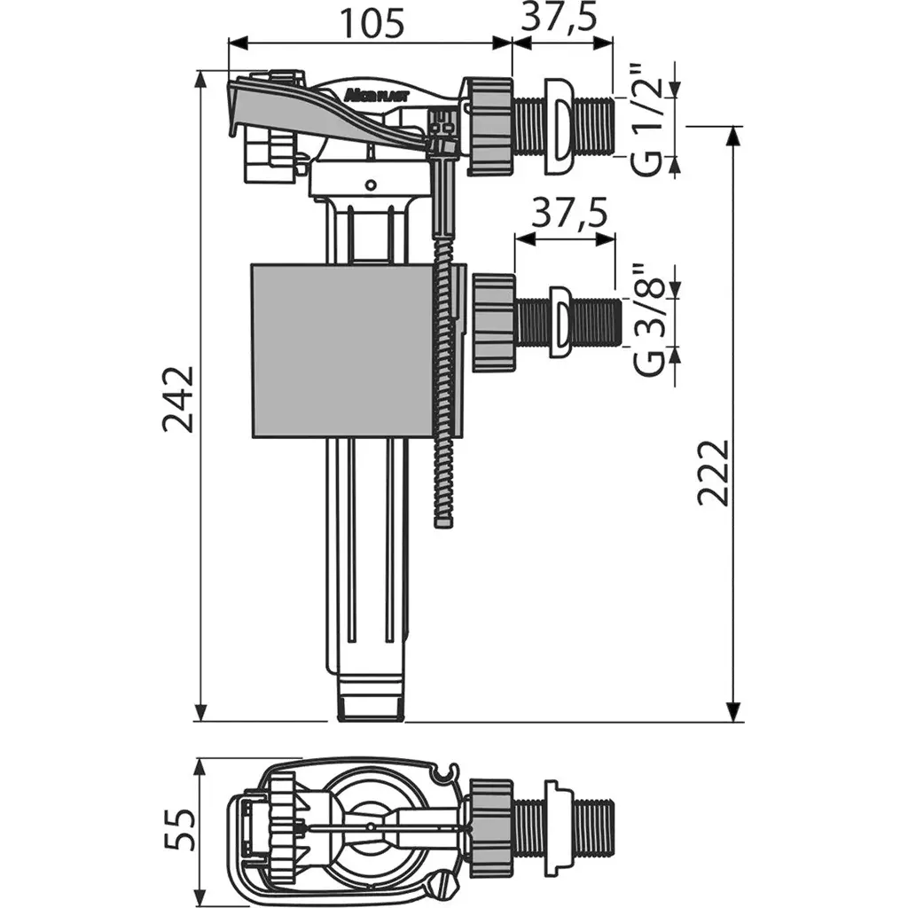 Alcadrain Napouštěcí ventil boční kovový závit, univerzální A160UNI (A160UNI)