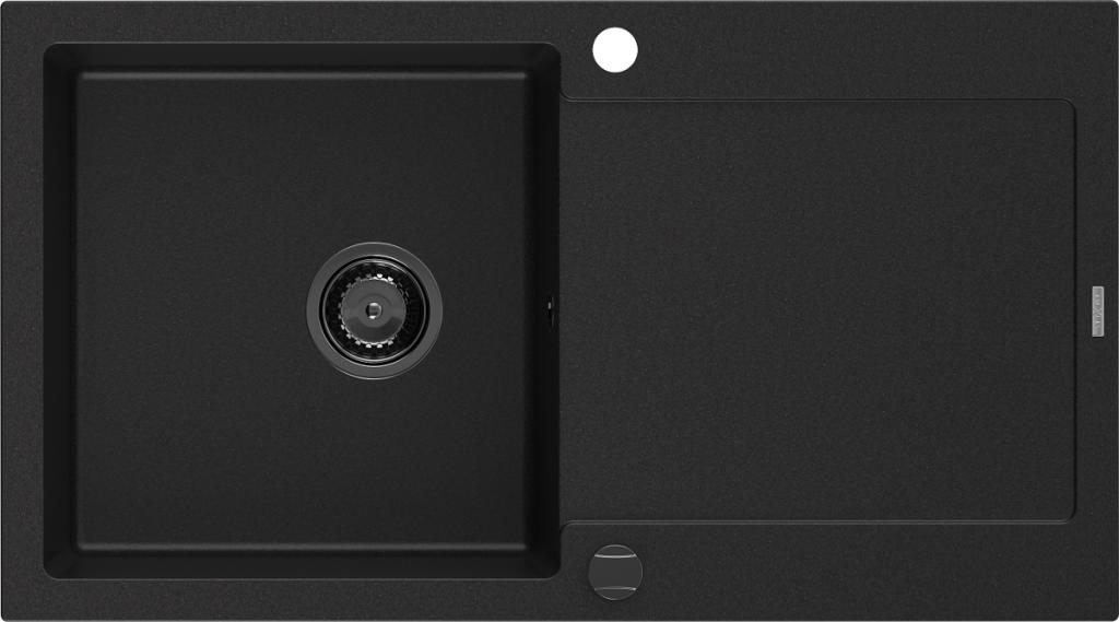MEXEN/S Leo granitový dřez 1-miska s odkapávačem 900 x 500 mm, černý, černý sifon 6501901010-77-B