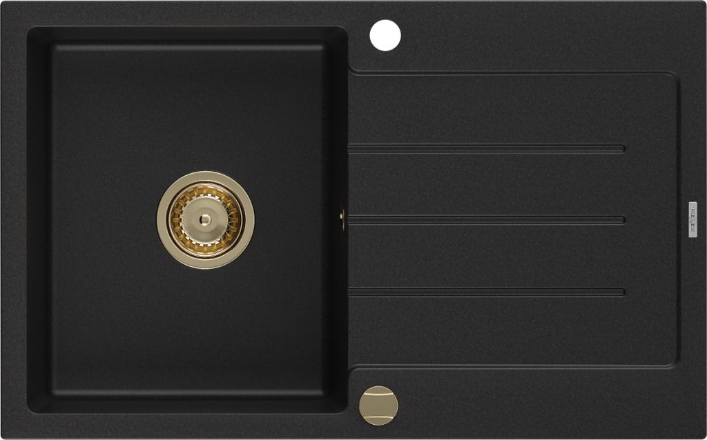 MEXEN/S Bruno granitový dřez 1-miska s odkapávačem 795 x 495 mm, černý, zlatý sifon 6513791010-77-G