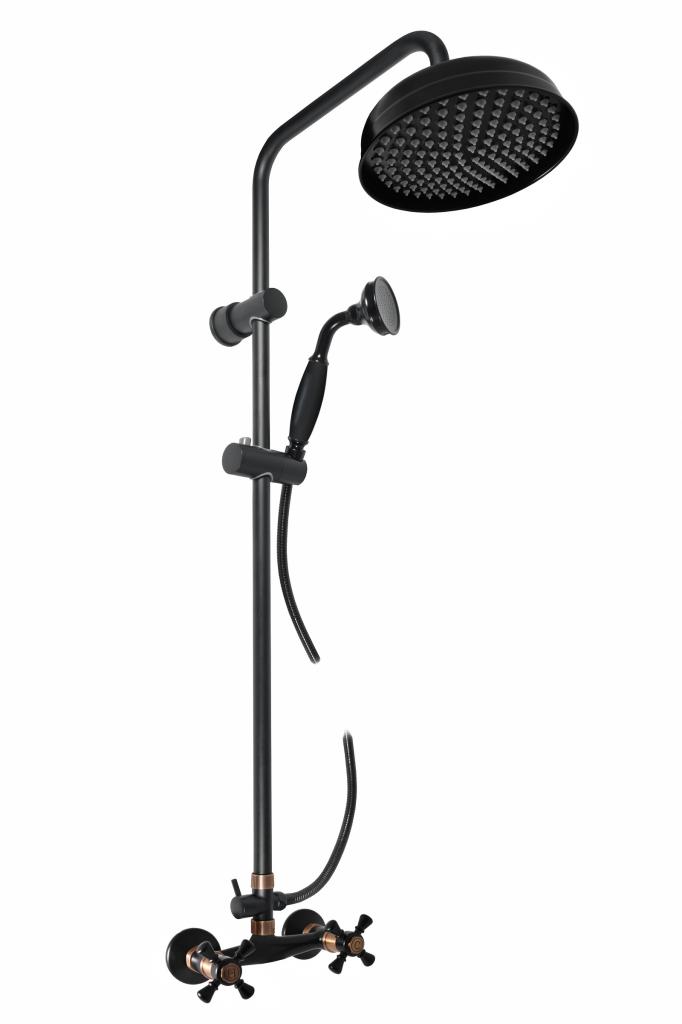SLEZAK-RAV Vodovodní baterie sprchová MORAVA RETRO s hlavovou a ruční sprchou, Barva: černá matná/stará mosaz, Rozměr: 150 mm MK381.5/3CMATSM