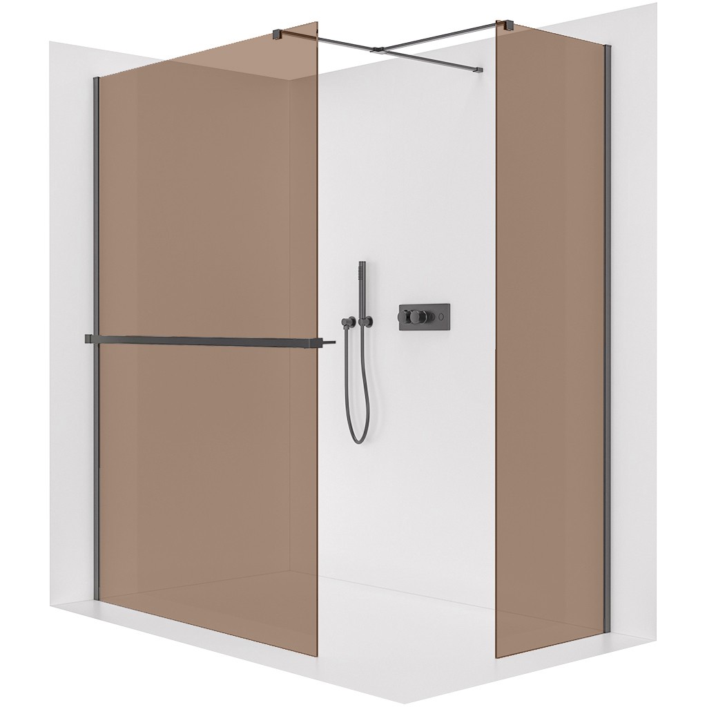 CERANO Sprchová zástěna Walk-in Onyx T L/P 8 mm hranatá vzpěra + polička/držák na ručníky černá matná, bronzové sklo 160x150x200  CER-689632