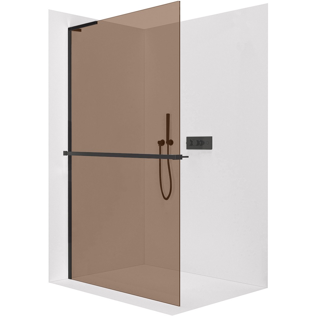 CERANO Sprchová zástěna Walk-in Onyx L-levá vzpěra 8 mm + polička/držák na ručníky černá matná, bronzové sklo 150x200  CER-689959
