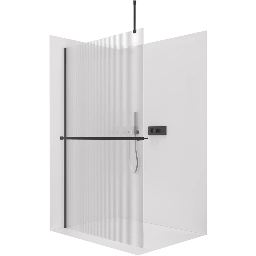 CERANO Sprchová zástěna Walk-in Onyx Top Round L/P 8 mm kulatá vzpěra + polička/držák na ručníky černá matná, rýhované sklo 80x200  CER-8050BD1627
