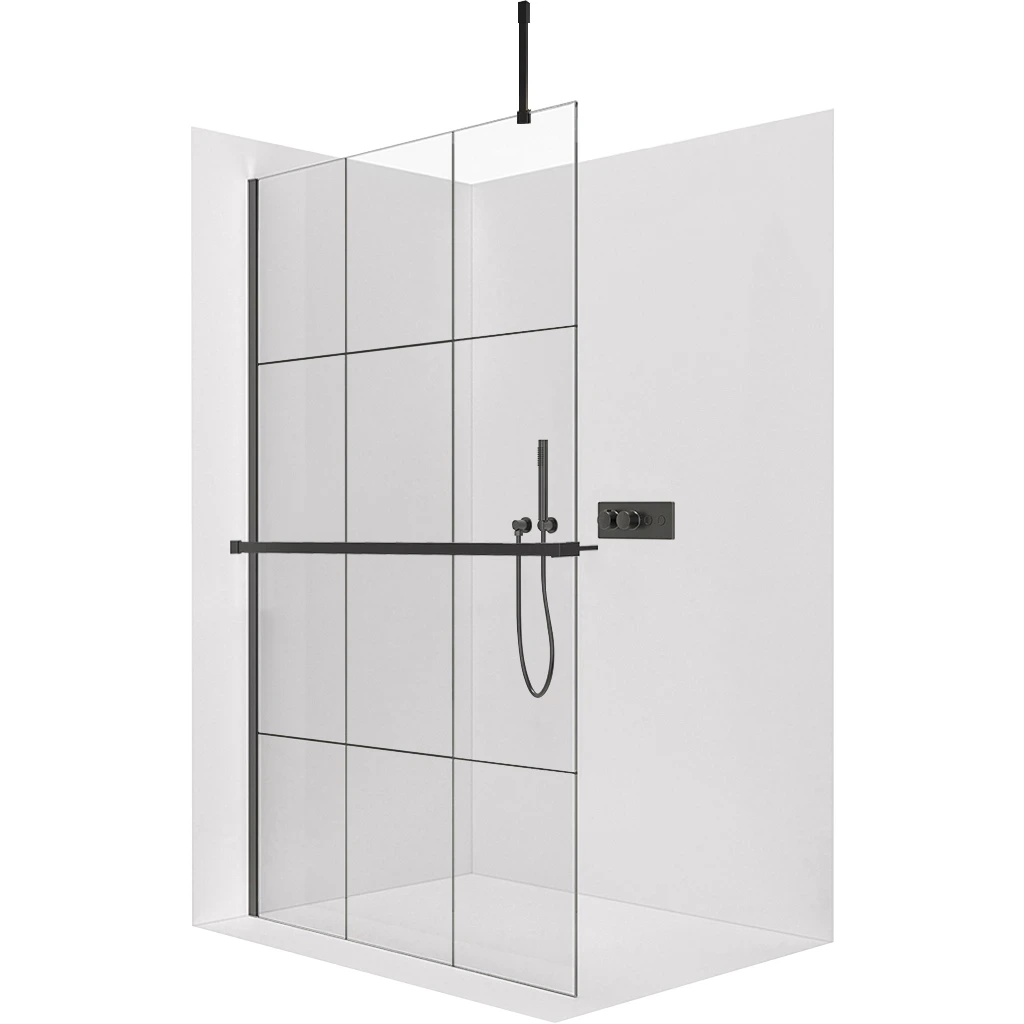 CERANO Sprchová zástěna Walk-in Onyx Top Cube L/P 8 mm hranatá vzpěra + polička/držák na ručníky černá matná, industriální sklo 140x200  CER-8050BD7115