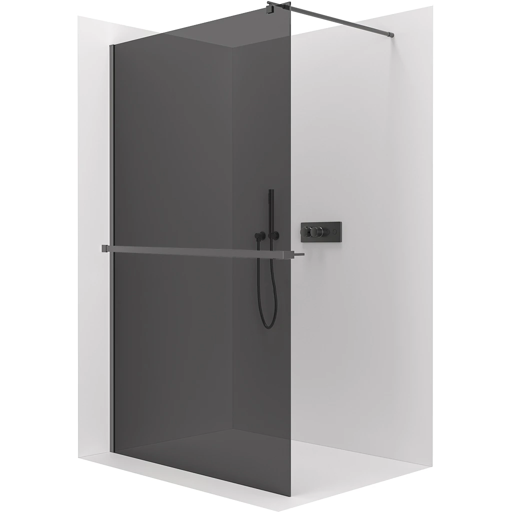 CERANO Sprchová zástěna Walk-in Onyx Round L/P 10 mm + polička/držák na ručníky kulatá vzpěra černá matná, grafitové sklo 110x200  CER-9040B1126