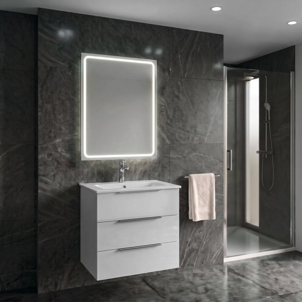 SAPHO SET koupelnová skříňka CIRASA 60cm s umyvadlem a LED zrcadlem, 3x zásuvka, bílá lesk KSET-097