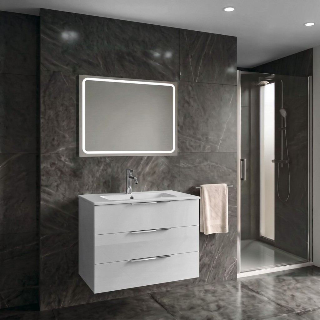 SAPHO SET koupelnová skříňka CIRASA 80cm s umyvadlem a LED zrcadlem, 3x zásuvka, bílá lesk KSET-107