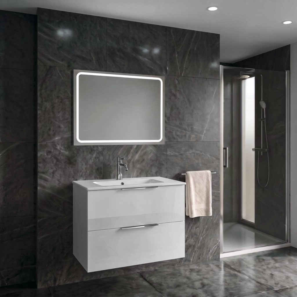 SAPHO SET koupelnová skříňka CIRASA 80cm s umyvadlem a LED zrcadlem, 2x zásuvka, bílá lesk KSET-106