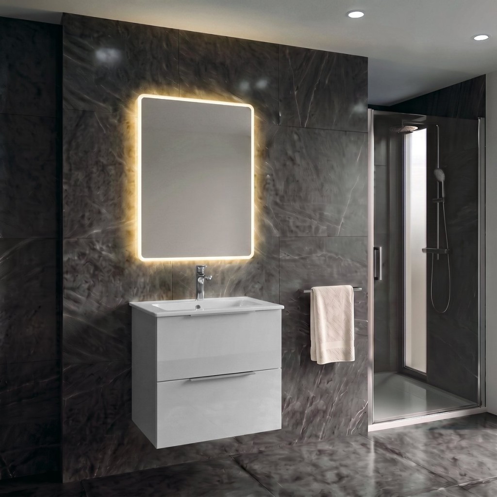 SAPHO SET koupelnová skříňka CIRASA 50cm s úzkým umyvadlem a LED zrcadlem, 2x zásuvka, bílá lesk KSET-110