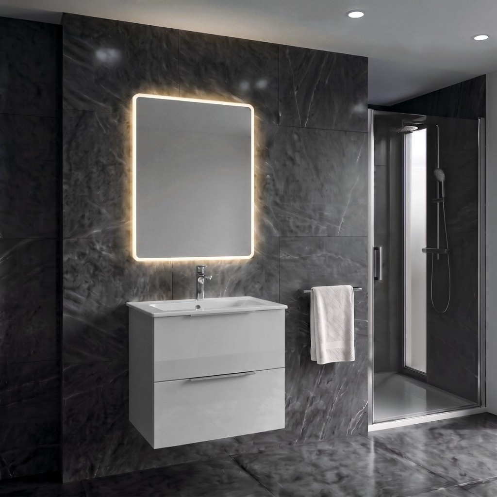SAPHO SET koupelnová skříňka CIRASA 60cm s úzkým umyvadlem a LED zrcadlem, 2x zásuvka, bílá lesk KSET-112