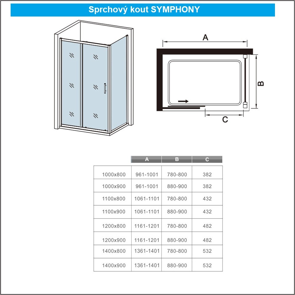 H K - Obdélníkový sprchový kout SYMPHONY 100x90 cm s posuvnými dveřmi (SE-SYMPHONY10090)
