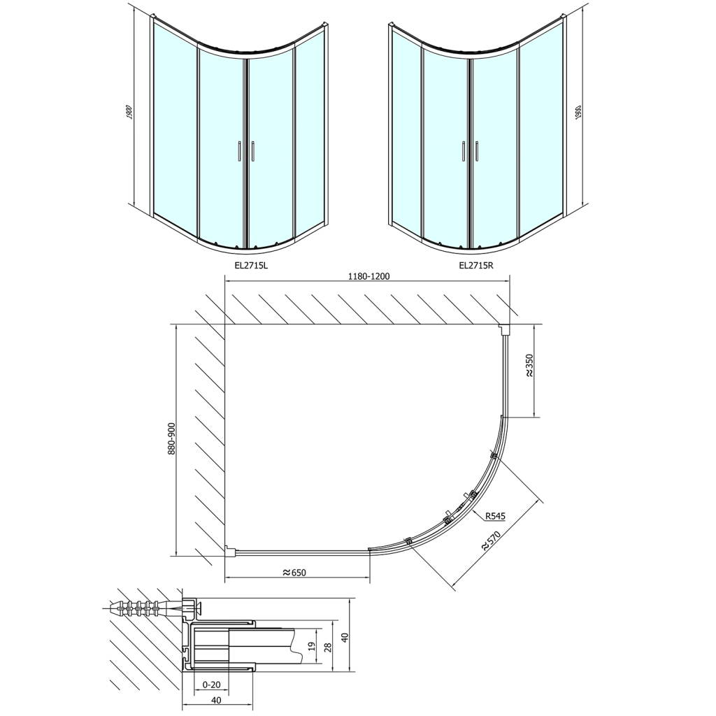 POLYSAN - EASY LINE čtvrtkruhová sprchová zástěna 1200x900mm, L/R, čiré sklo (EL2715)