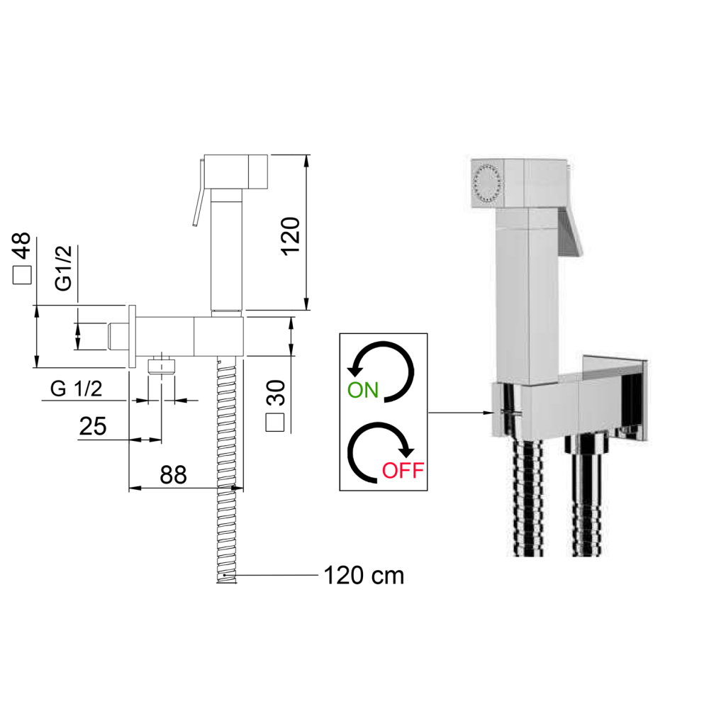 SAPHO - Nástěnný ventil s ruční bidetovou sprškou a bezpečnostní pojistkou,hranatý,chrom (DB108)