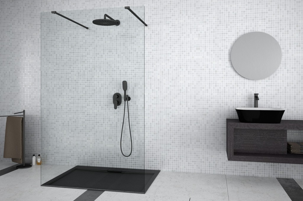 BESCO Walk-in sprchový kout AVEO DUE BLACK Barva rámu Černá, Pevná stěna Bez pevné stěny, Rozměr A 100, Rozměr C 195, Výplň Čiré bezpečnostní sklo 8 mm BCAVEODUE100BL