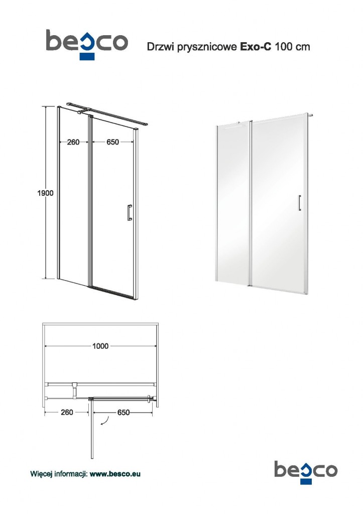 HOPA Bezrámové sprchové dveře EXO-C BARVA rámu Chrom/Leštěný hliník (ALU), Pevná stěna 100 cm, Rozměr A 100 cm, Rozměr C 190 cm, Směr zavírání Univerzální Levé / Pravé, Výplň Čiré bezpečnostní
