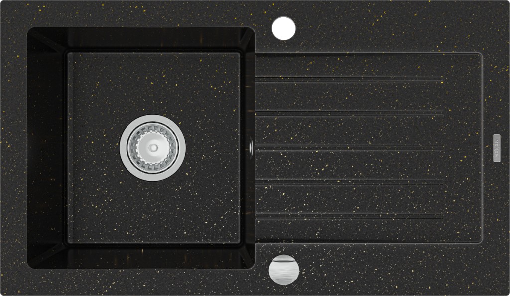 MEXEN Pablo granitový dřez 1 s odkapávačem 752x436 mm, černá / zlatá kovová 6510751010-75