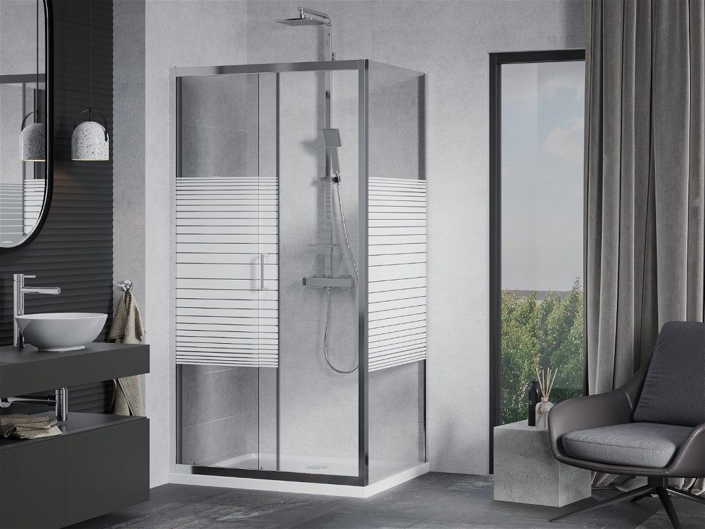 MEXEN/S - Apia sprchový kout posuvný 100x90 cm, sklo transparent/pruhy, chrom + vanička (840-100-090-01-20-4010)
