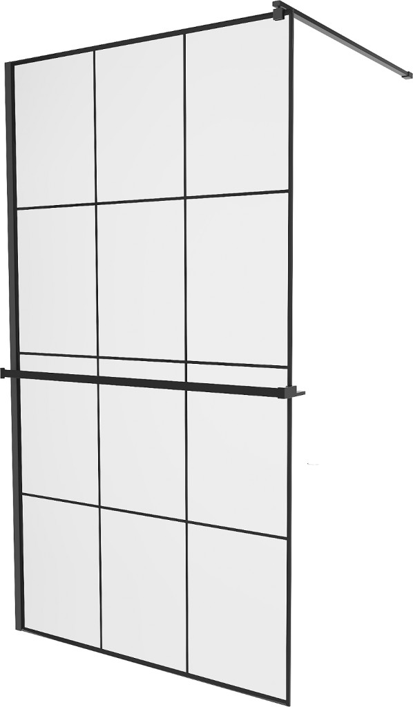 MEXEN/S KIOTO Sprchová zástěna WALK-IN s poličkou a držákem ručníků 100 x 200 cm, transparent/černá 8 mm, černá 800-100-121-70-77