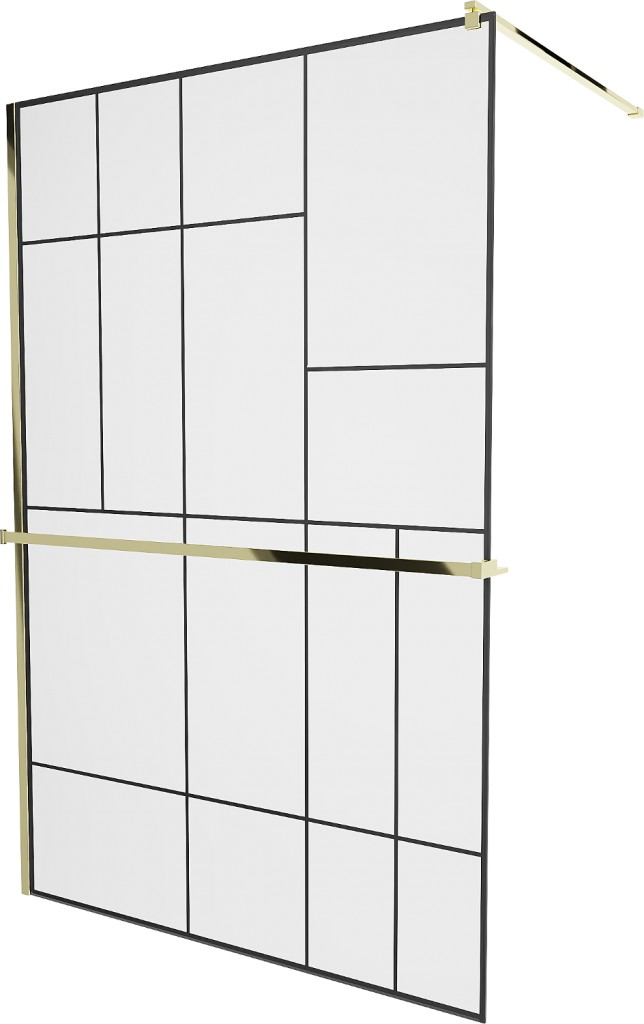 MEXEN/S KIOTO Sprchová zástěna WALK-IN s poličkou a držákem ručníků 110 x 200 cm, transparent/černá 8 mm, zlatá 800-110-121-50-78