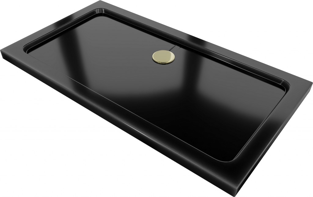 MEXEN/S Flat sprchová vanička obdélníková slim 140 x 70 cm, černá + zlatý sifon 40707014G