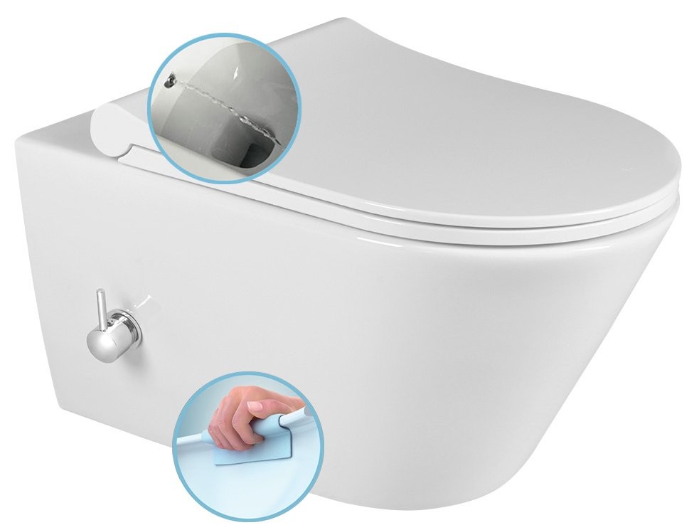 SAPHO AVVA CLEANWASH závěsná WC mísa, Rimless, integrovaná baterie a bidet. sprška, 35,5x53cm, bílá 100315