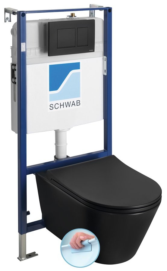 SAPHO Závěsné WC AVVA Rimless s podomítkovou nádržkou a tlačítkem Schwab, černá mat 100314-110-SET5