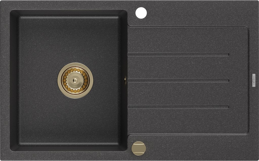 MEXEN/S Bruno granitový dřez 1 s odkapávačem 795x495 mm, černá kropenatá, + zlatý sifon 6513791010-76-G