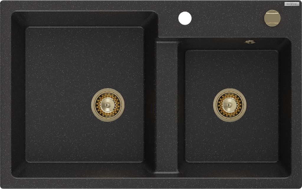 MEXEN/S Tomas granitový dřez 2-bowl 800x500 mm, czarny/srebrny metalik, + zlatý sifon 6516802000-73-G