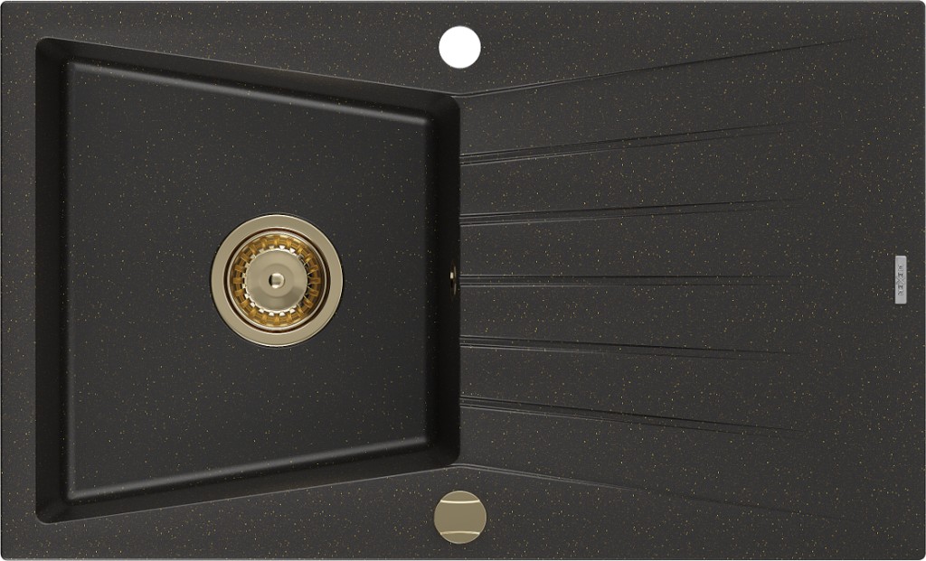 MEXEN/S Cesar granitový dřez 1 s odkapávačem 775x470 mm, černá/zlatá metalik, syfon chrom 6514771010-75-G