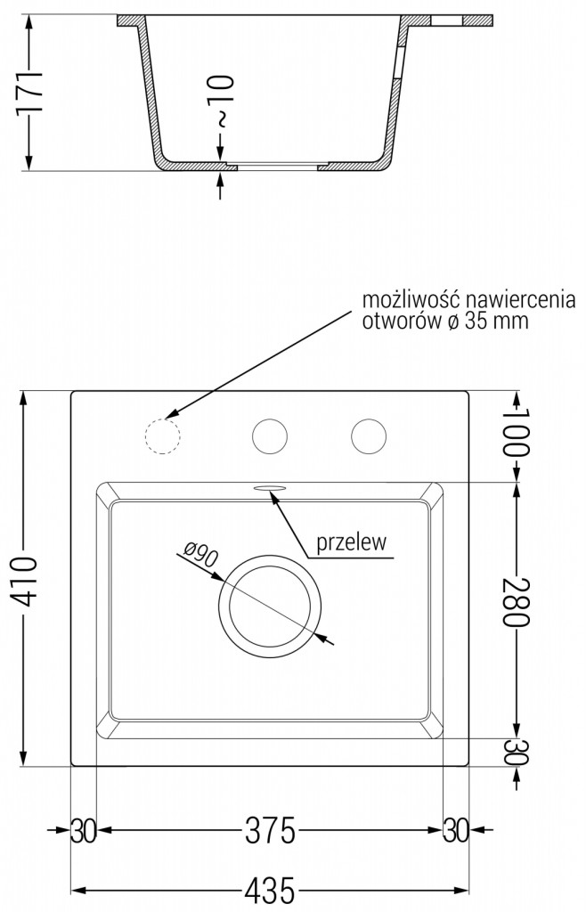 MEXEN/S - Milo granitový dřez 1 435 x 410 mm, černá kropenatá, + černý sifon (6505441000-76-B)
