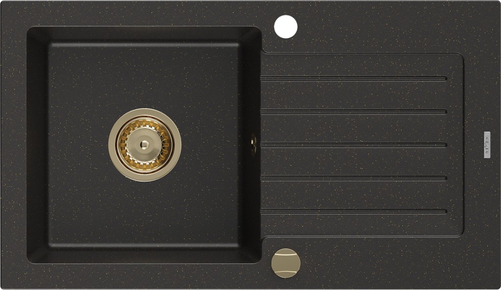 MEXEN/S Pablo granitový dřez 1 s odkapávačem 752 x 436 mm, černá/zlatý metalik, + zlatý sifon 6510751010-75-G