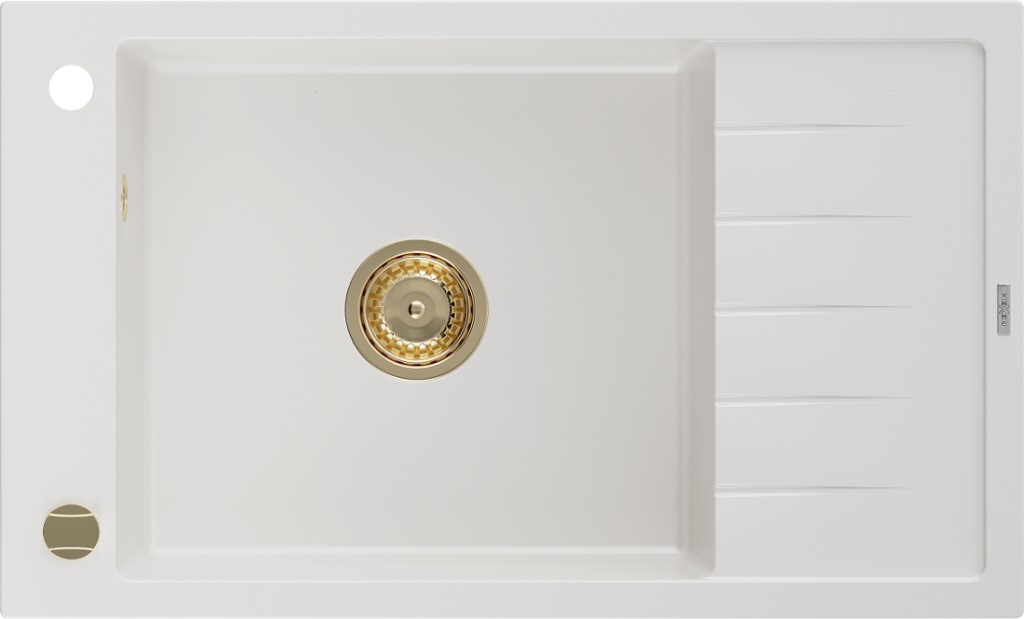 MEXEN/S Elias granitový dřez 1 s odkapávačem 795 x 480 mm, bílá, + zlatý sifon 6511791005-20-G